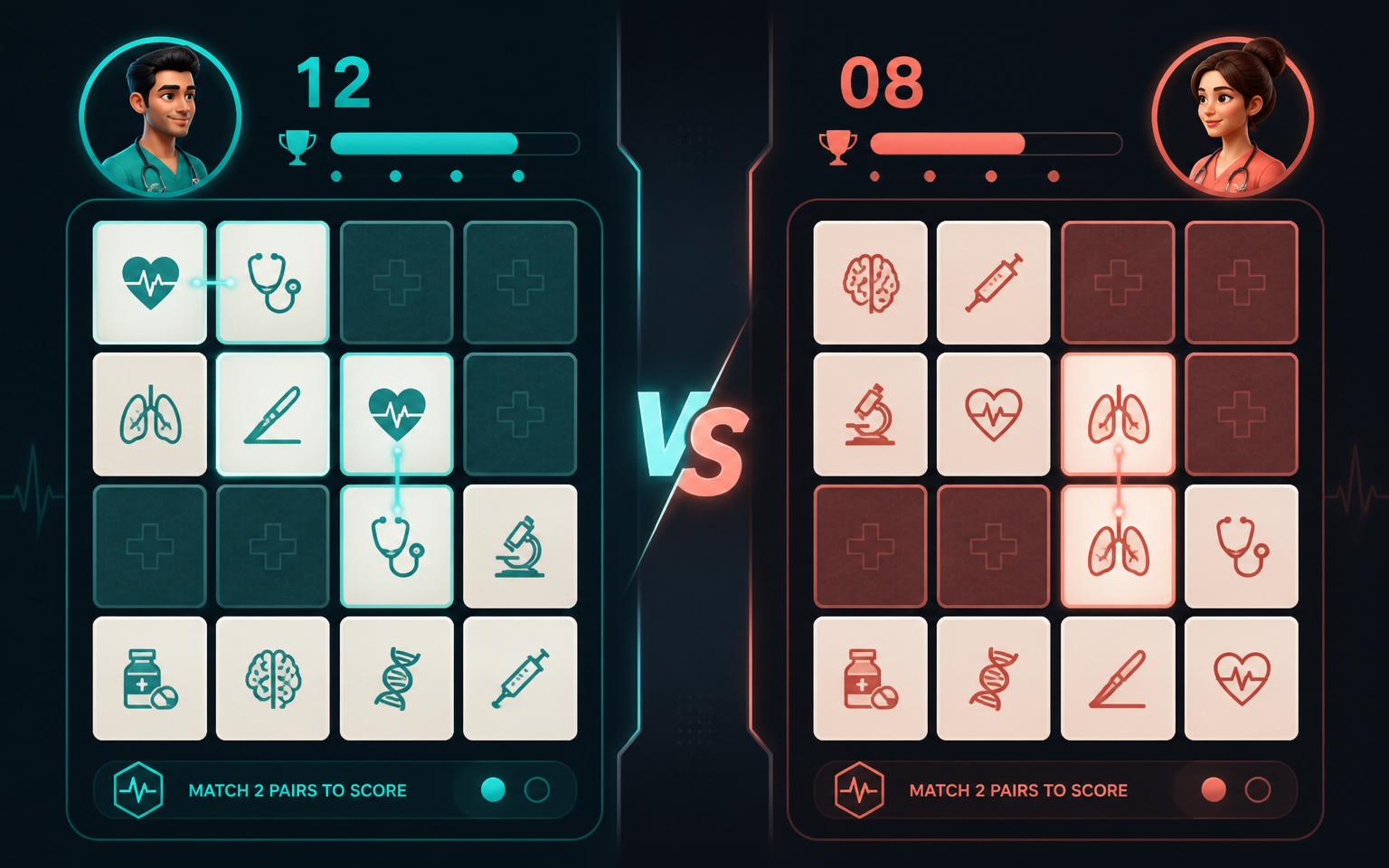 A Medical Match duel in progress showing two mirrored boards - the left player leading 12 to 8 with matched pairs highlighted